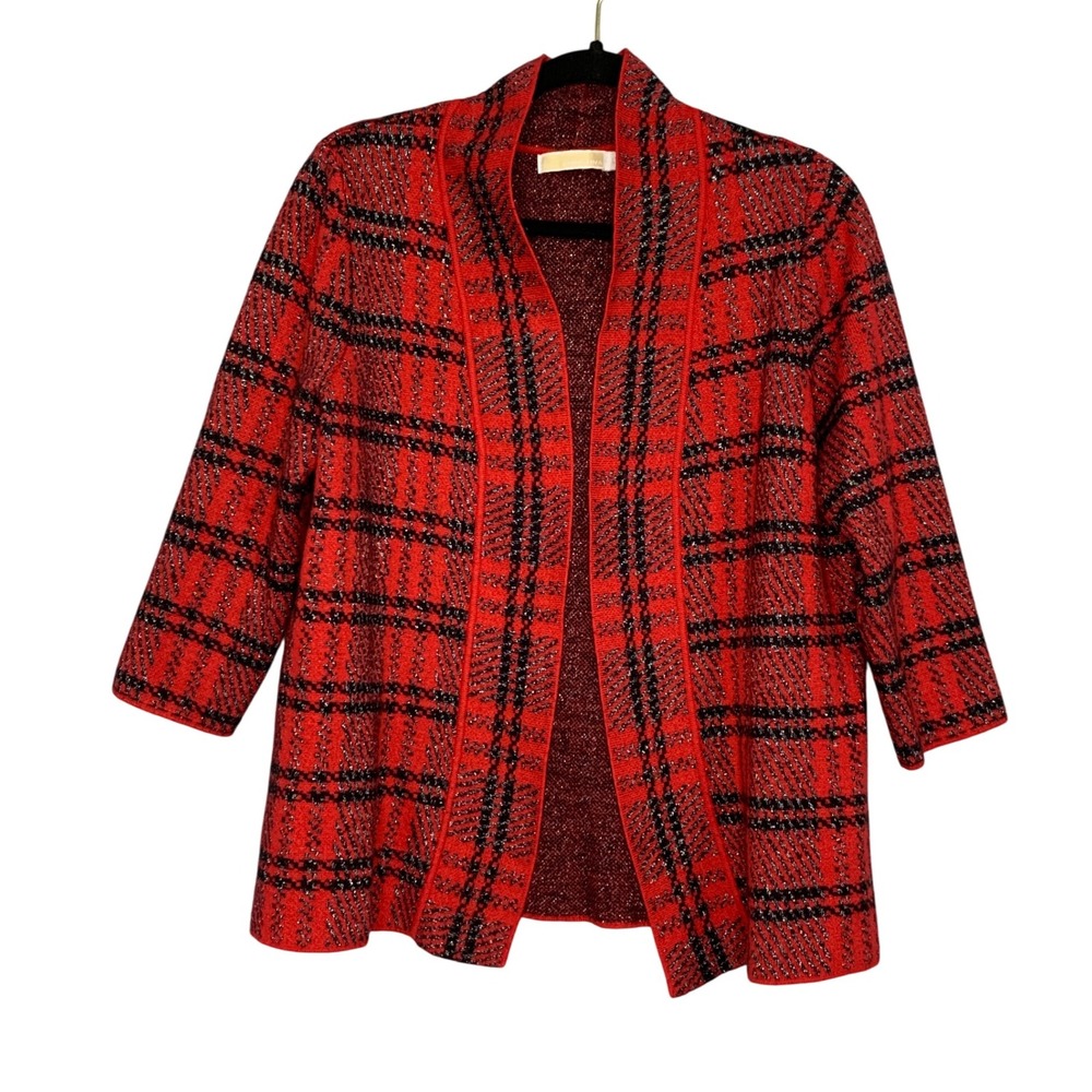 CHRISTINA Red Black Plaid Sparkle Cardigan Jacket Sweater 3/4 sleeves Women's‎ L